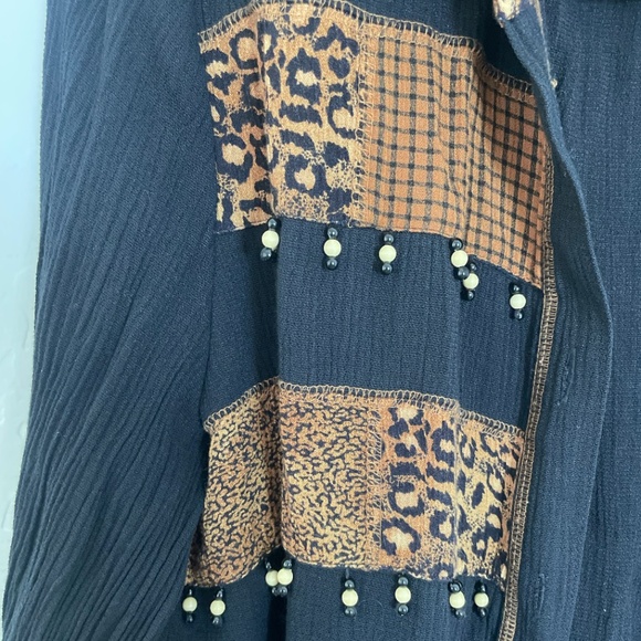 Leopard Beaded Tassel Animal Print Paid Button Down Elegant Classy Chic Blouse - Picture 2 of 6